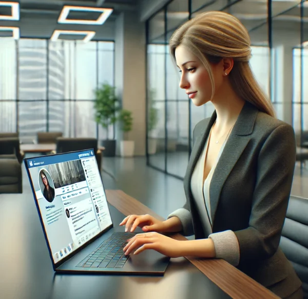 DALL·E 2025-02-07 11.35.45 - A realistic image of a professional corporate woman using social media on her laptop in a modern office environment. She appears unaware that her phot DALL·E 2025-02-07 11.35.45 - A realistic image of a professional corporate woman using social media on her laptop in a modern office environment. She appears unaware that her phot